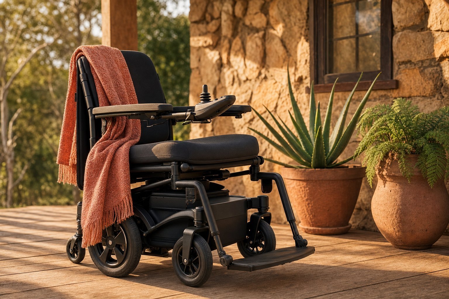 Electric powered wheelchair with joystick controller for in-home care mobility