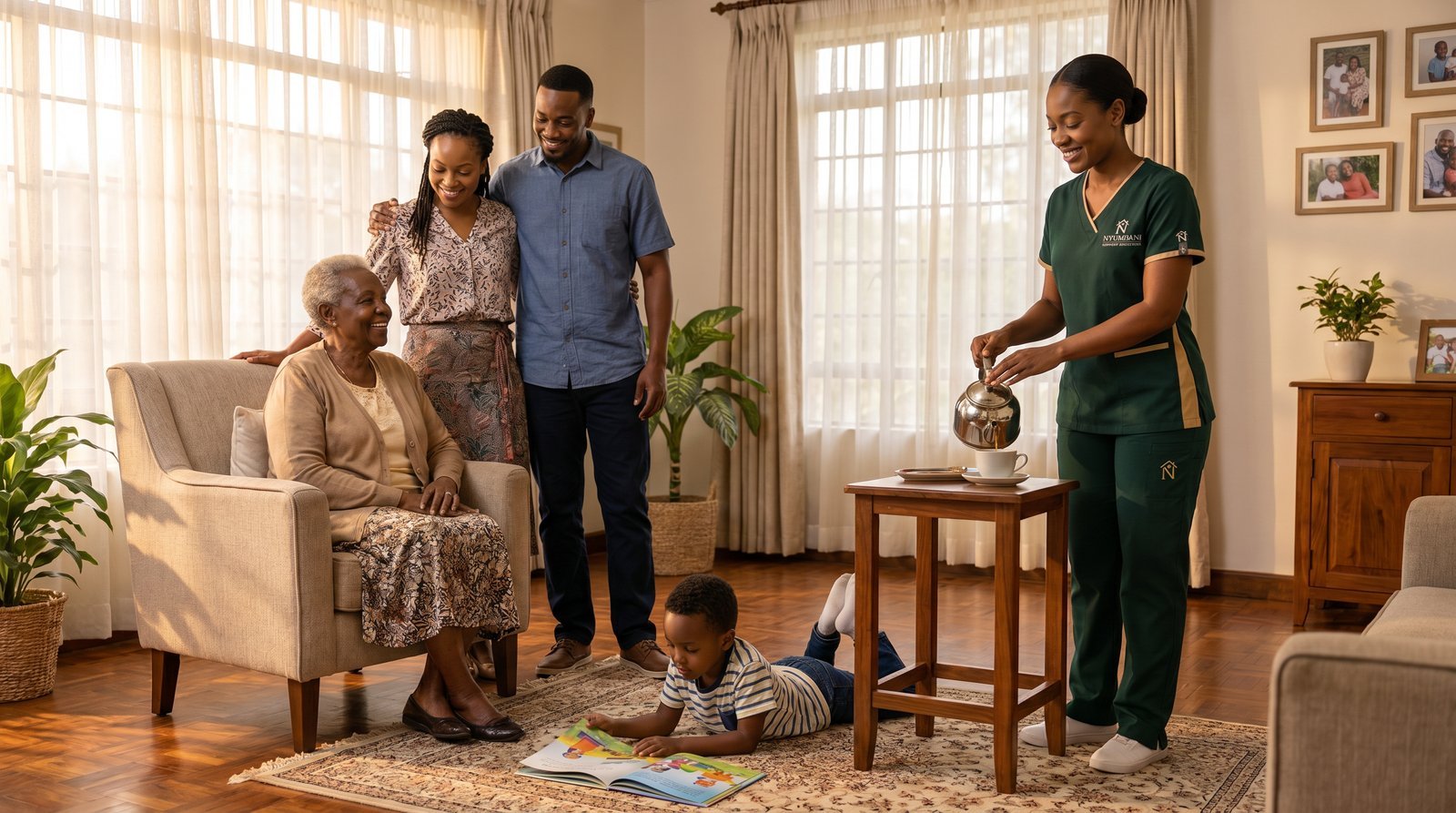A Nyumbani caregiver in forest green uniform sitting with an elderly Kenyan couple at home, reviewing care notes together