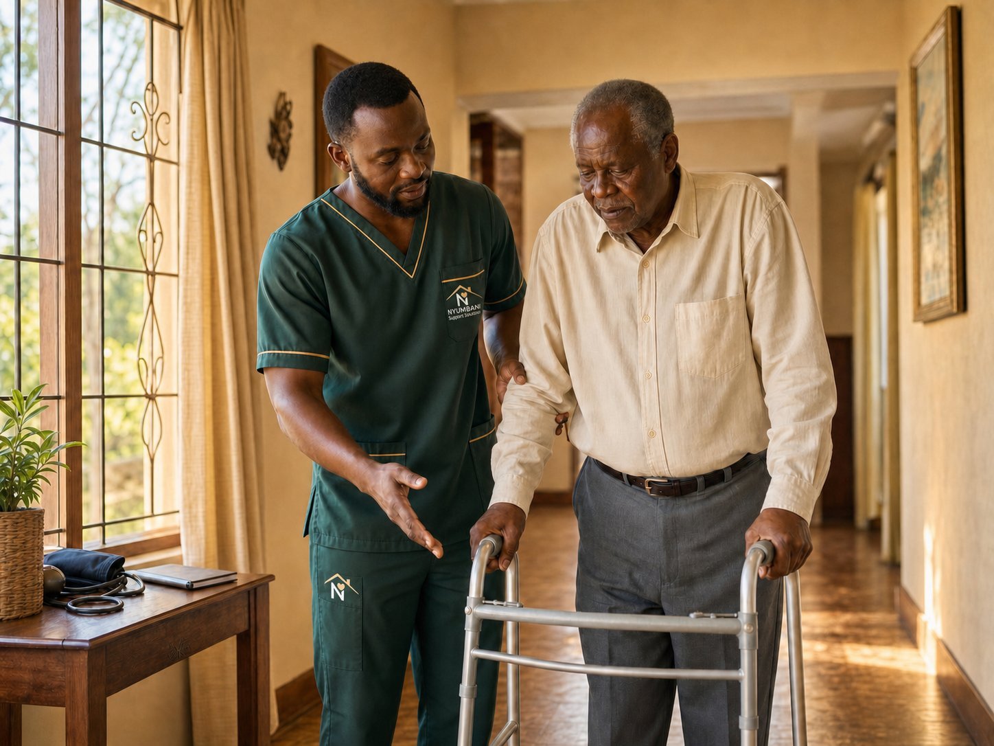 Nyumbani male caregiver guiding an elderly man through safe walker use in a sunlit home hallway, with a blood pressure cuff on the side table