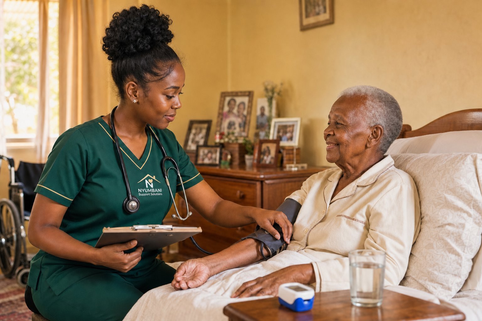 Nyumbani registered nurse taking blood pressure of an elderly woman resting in bed at home, with a pulse oximeter and clipboard chart nearby