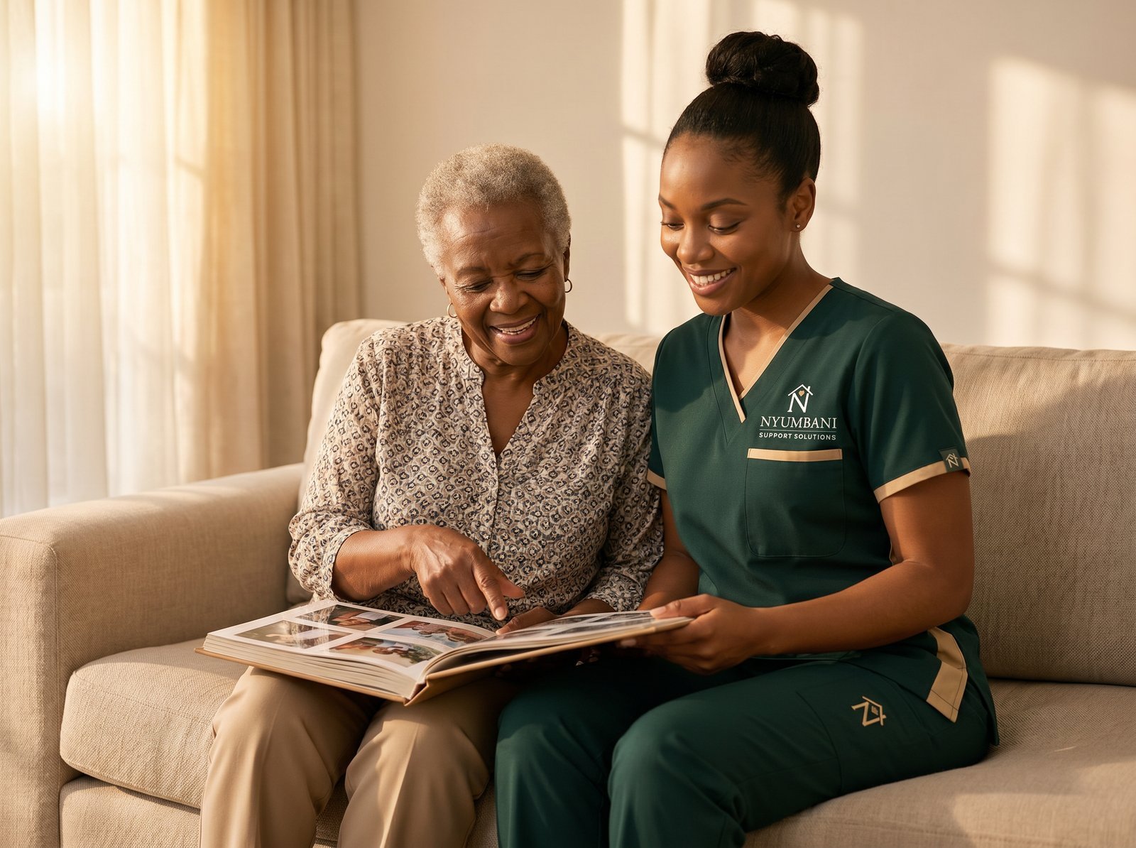 Nyumbani caregiver in green uniform gently engaging an elderly Kenyan woman with dementia in a familiar activity at home