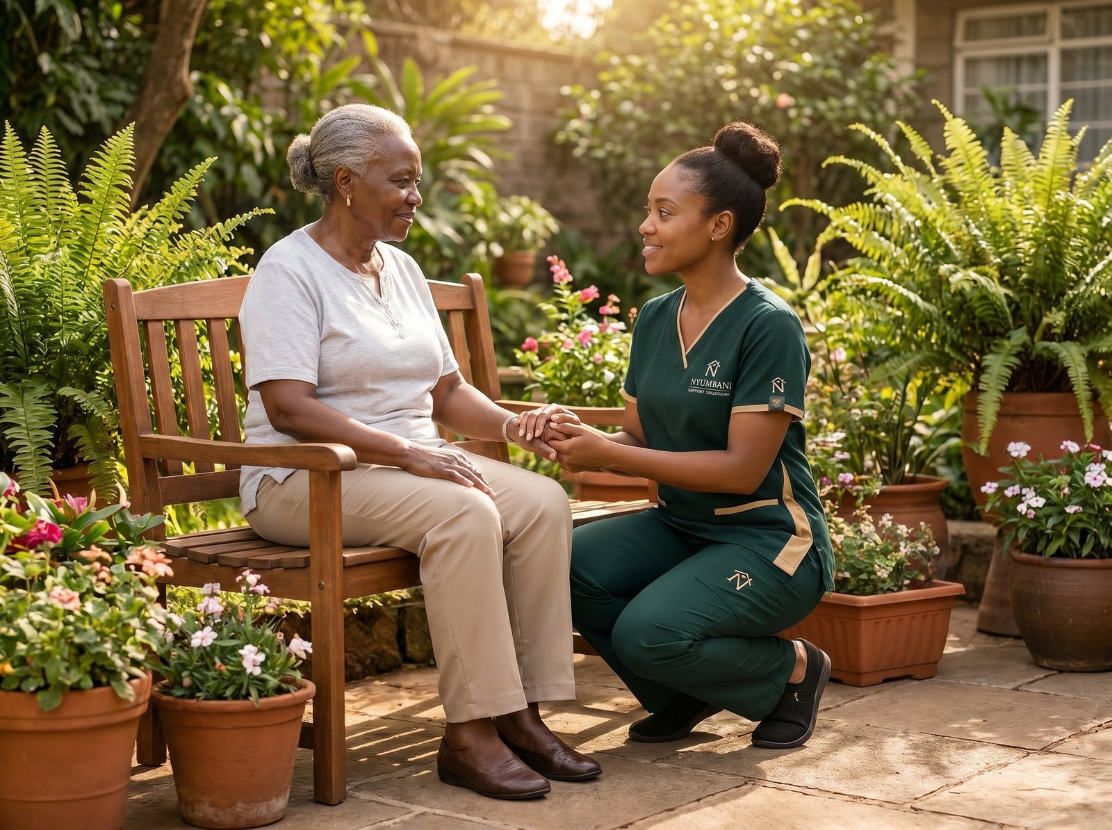 Nyumbani caregiver in forest green uniform helping an elderly Kenyan woman with morning grooming at home