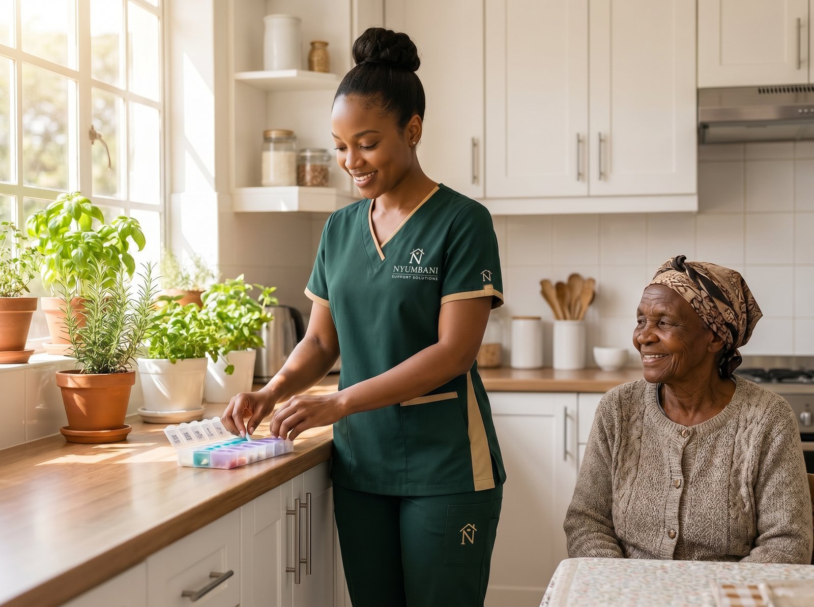 Nyumbani NCK-registered nurse in green uniform checking a patient's blood pressure at home in Kenya